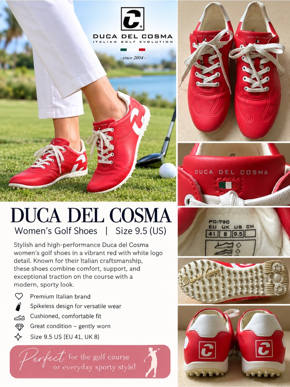 Duca Del Cosma Women's Red Athletic Golf Shoes - Lace-Up Spikeless Comfort